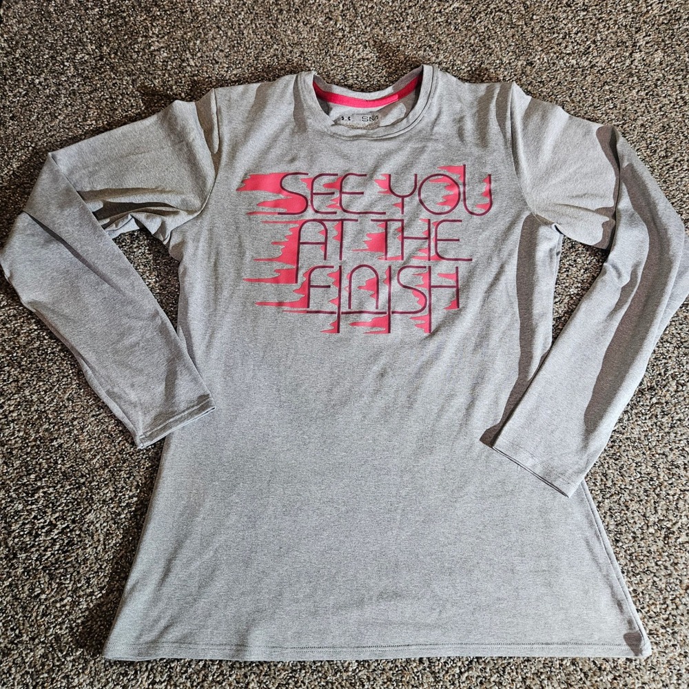 Under Armour HeatGear Gray Pink Running Shirt Long Sleeve Semi-Fitted SM VCOF299